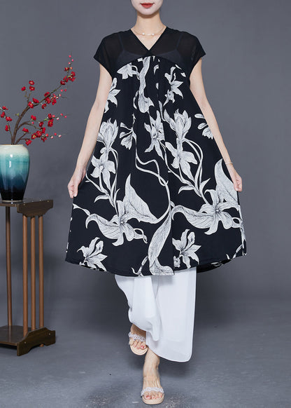 Classy White V Neck Print Chiffon a Line Dress Summer