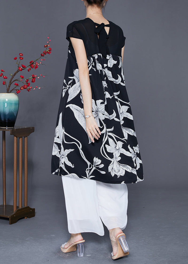 Classy White V Neck Print Chiffon a Line Dress Summer