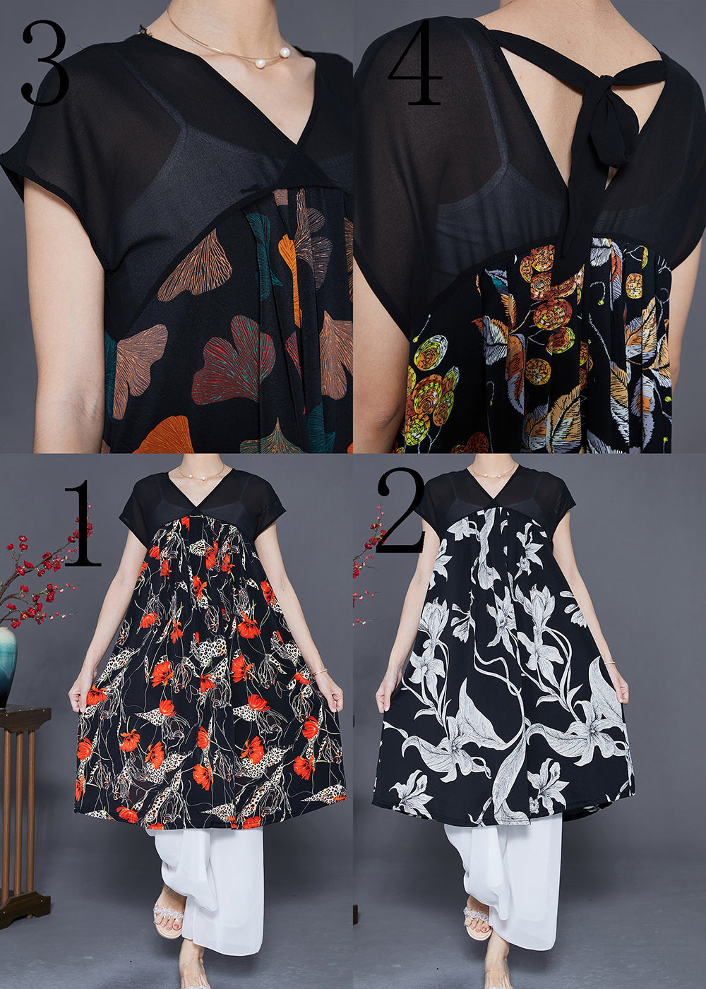 Classy White V Neck Print Chiffon a Line Dress Summer