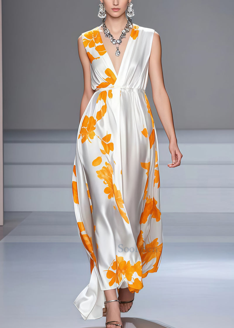Classy White V Neck Print Silk Long Dress Sleeveless