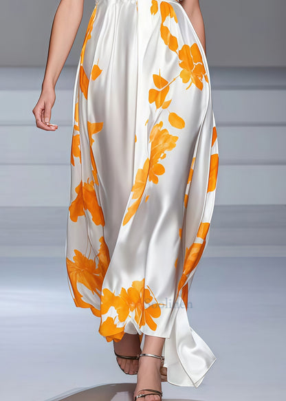 Classy White V Neck Print Silk Long Dress Sleeveless