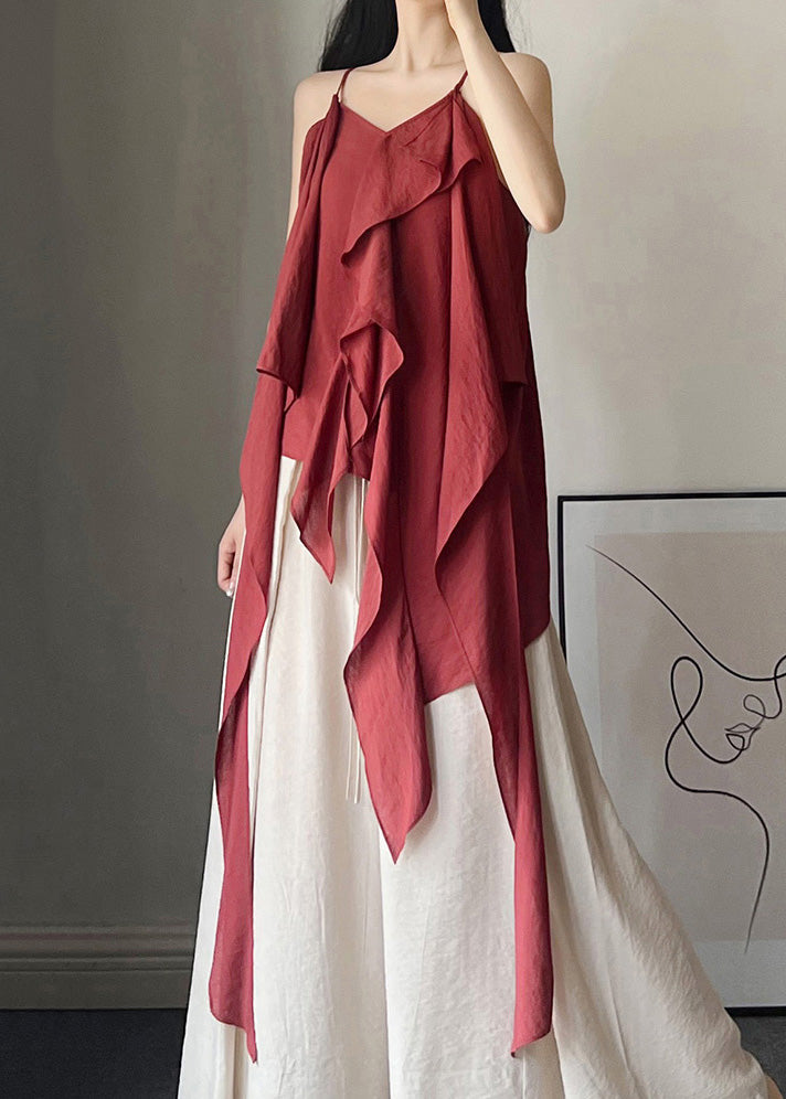 Classy Wine Red Asymmetrical Cotton Spaghetti Strap Tank Sleeveless
