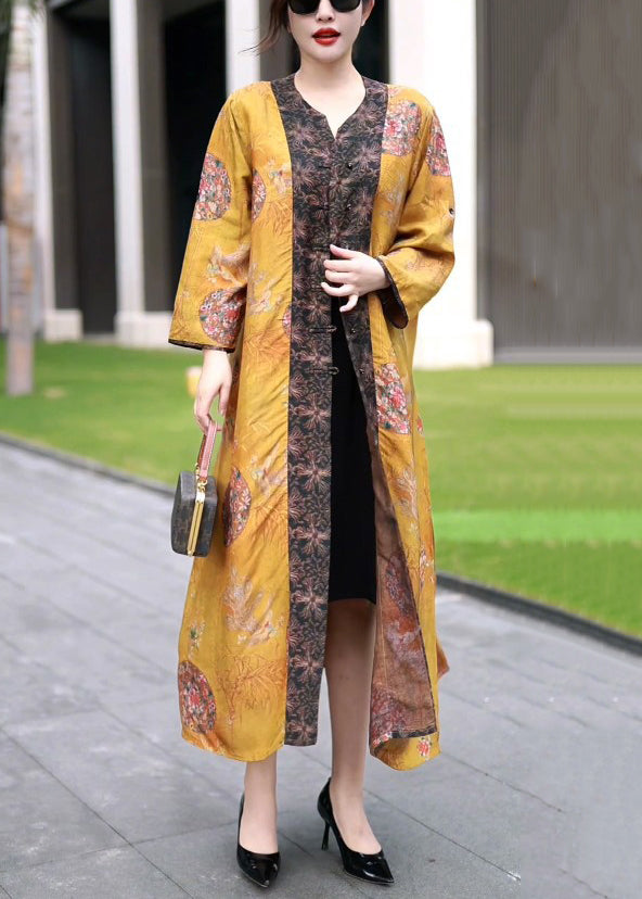 Classy Yellow Chinese Button Print Patchwork Silk Long Coat Spring