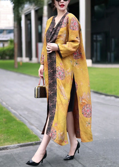 Classy Yellow Chinese Button Print Patchwork Silk Long Coat Spring