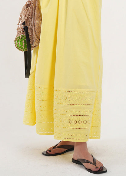 Classy Yellow Embroidered Hollow Out Cotton Holiday Dress Summer