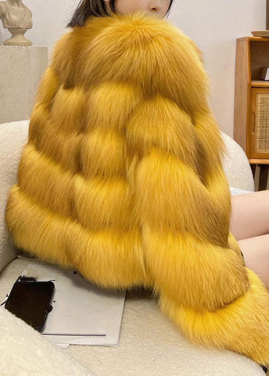 Classy Yellow Fox Collar Leather and Fur Coats Spring