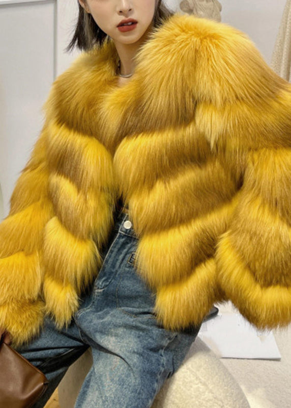 Classy Yellow Fox Collar Leather and Fur Coats Spring