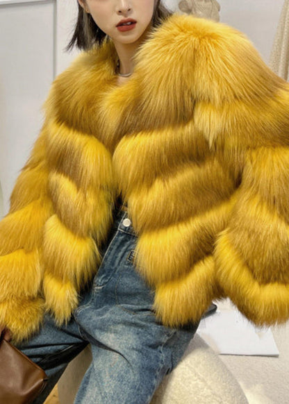 Classy Yellow Fox Collar Leather and Fur Coats Spring