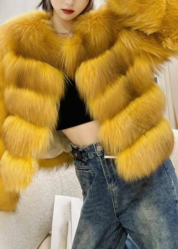 Classy Yellow Fox Collar Leather and Fur Coats Spring