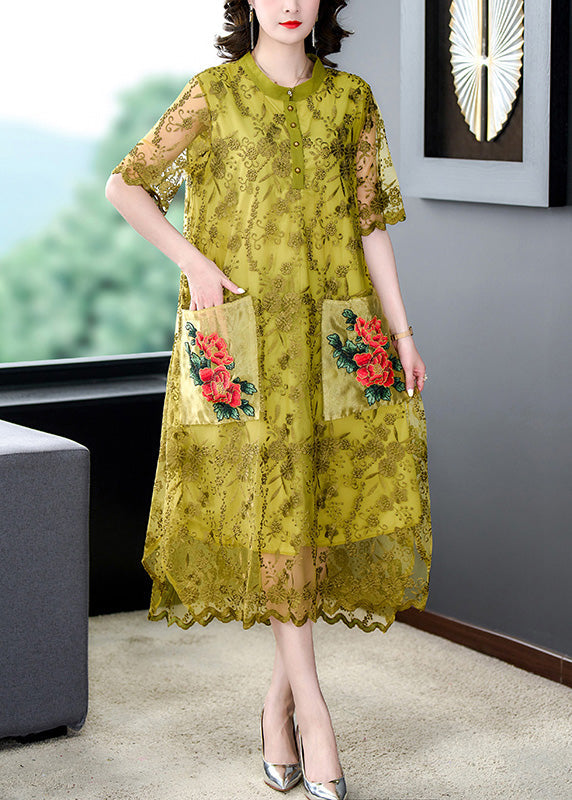 Classy Yellow O-neck Print Tulle Long Dress Short Sleeve