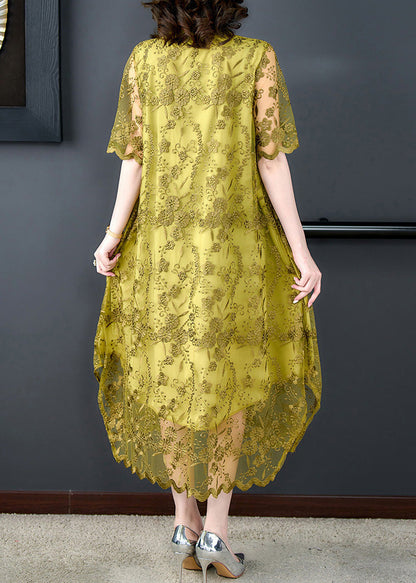 Classy Yellow O-neck Print Tulle Long Dress Short Sleeve