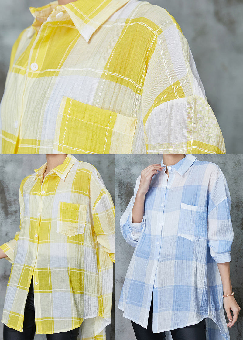 Classy Yellow Oversized Plaid Cotton Upf 50+ Tops Spring