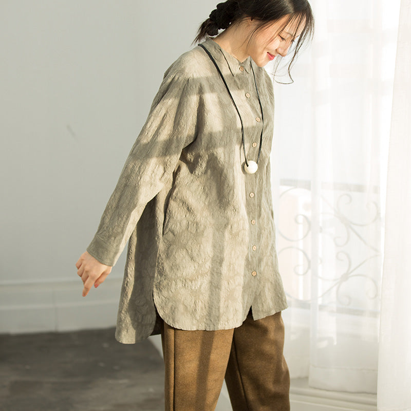 Classy Army Green Cotton Clothes Work Outfits Jacquard Silhouette Blouse