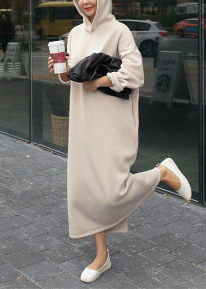 Classy Beige Cotton Clothes for Hooded Batwing Sleeve Maxi Dresses