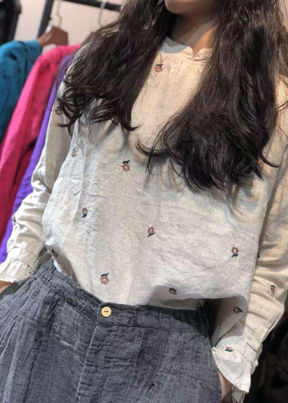 Classy beige embroidery linen tops women blouses stand collar Knee autumn top