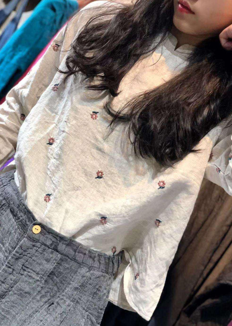 Classy Beige Embroidery Linen Tops Blouses Stand Collar Knee Autumn Top