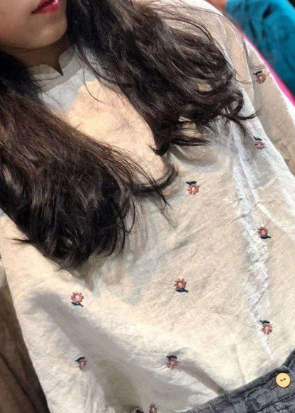 Classy beige embroidery linen tops women blouses stand collar Knee autumn top
