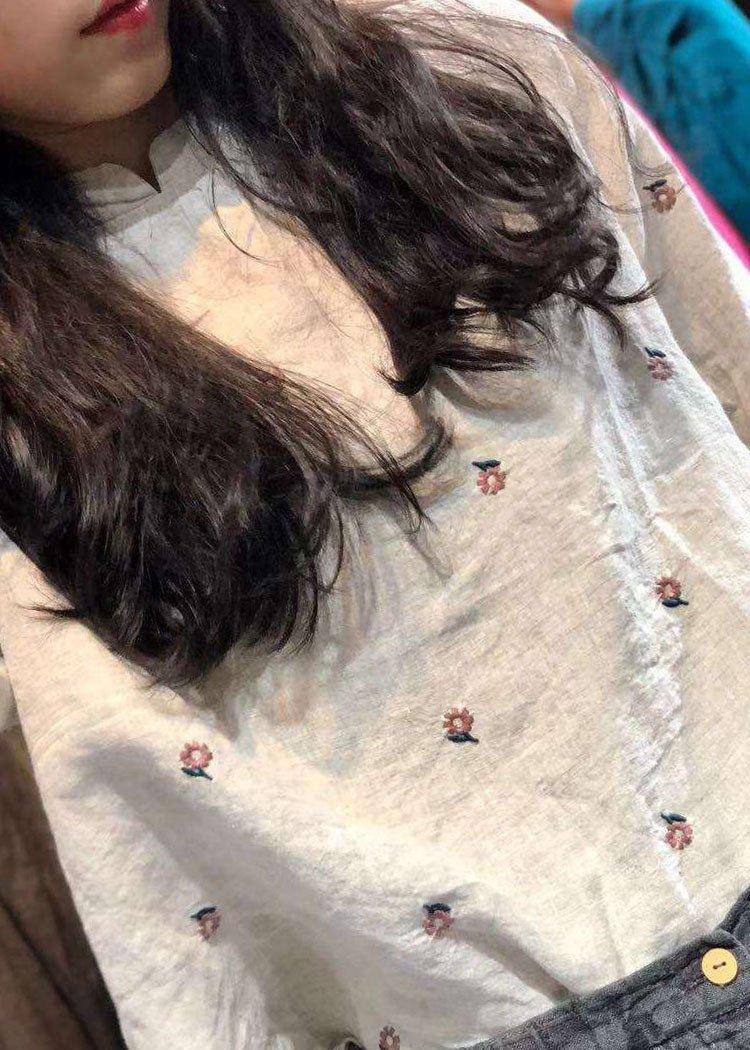 Classy Beige Embroidery Linen Tops Blouses Stand Collar Knee Autumn Top