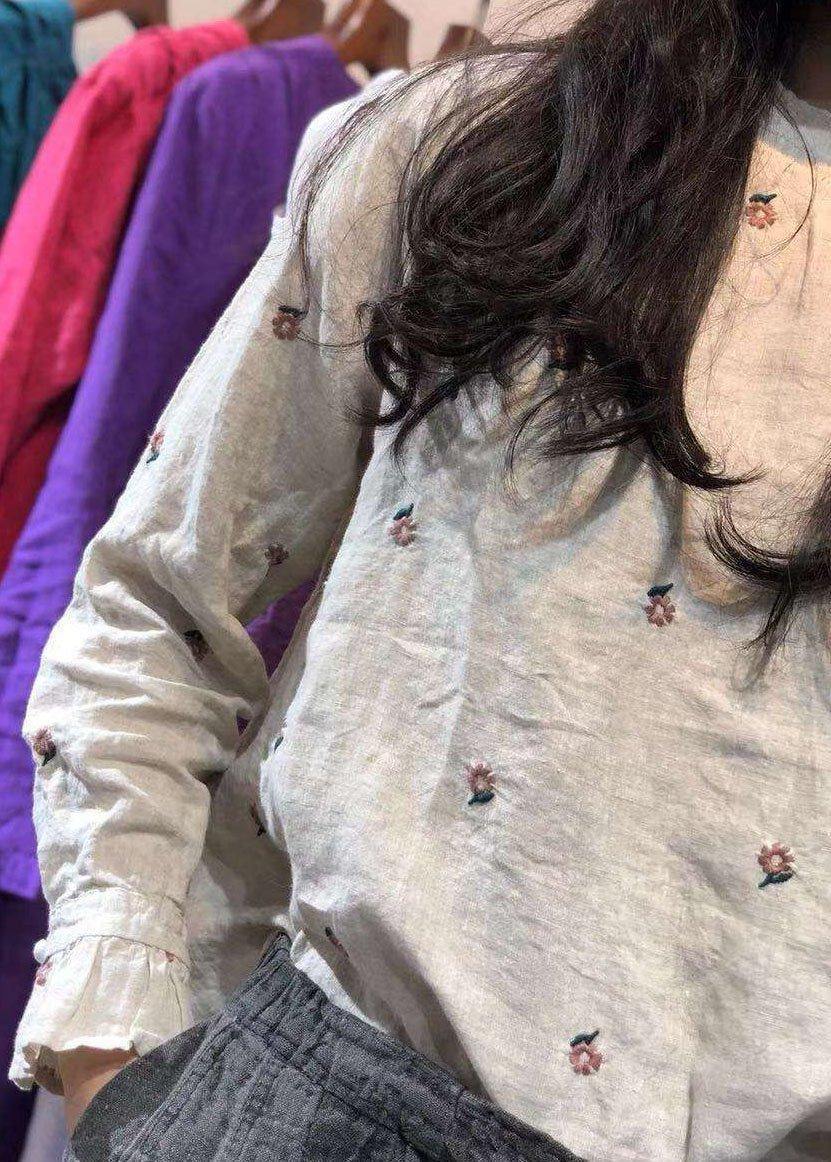 Classy beige embroidery linen tops women blouses stand collar Knee autumn top