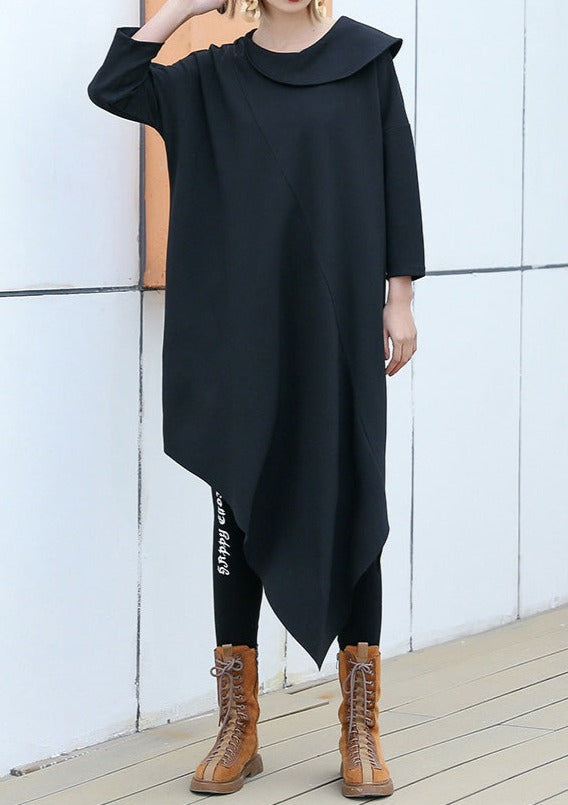 Classy Black Cotton Blend Clothes for Korea Runway O Neck Asymmetric Art Dress