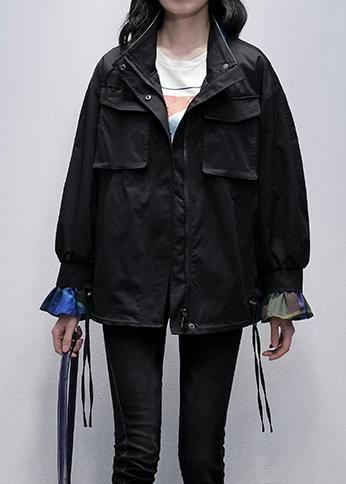 Classy Black Clothes for Wardrobes Stand Collar Flare Sleeve Outwears
