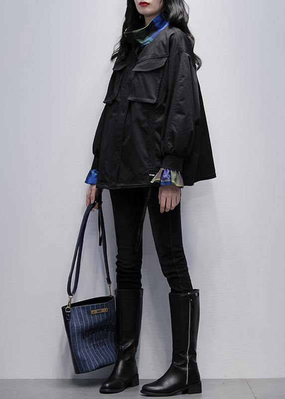 Classy Black Clothes for Wardrobes Stand Collar Flare Sleeve Outwears
