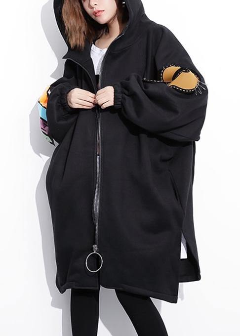 Classy Black Fine Coats Work Outfits Hooded Thick Three-dimensional Decoration Outwears