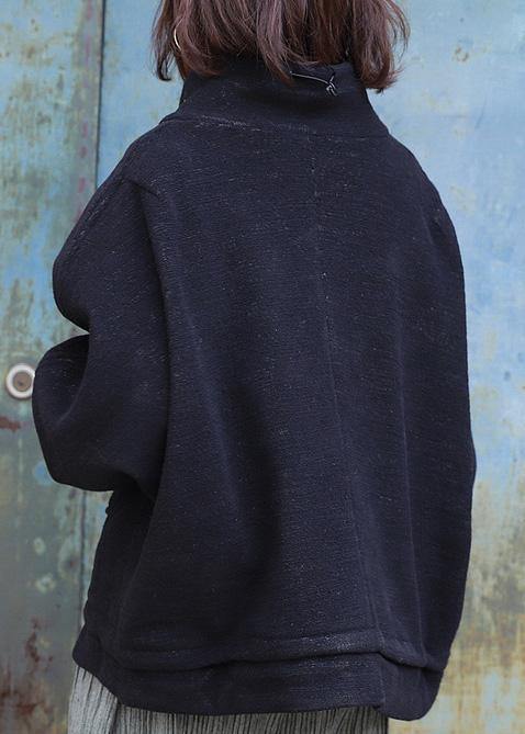 Classy Black Fine Maxi Coat Pattern Zippered High Neck Coat