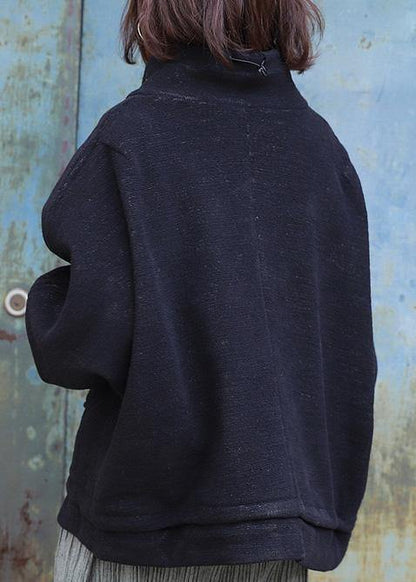 Classy Black Fine Maxi Coat Pattern Zippered High Neck Coat