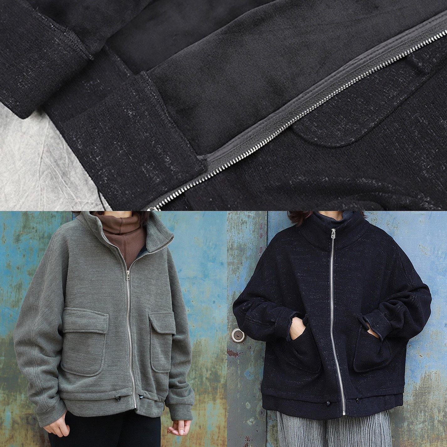 Classy Black Fine Maxi Coat Pattern Zippered High Neck Coat
