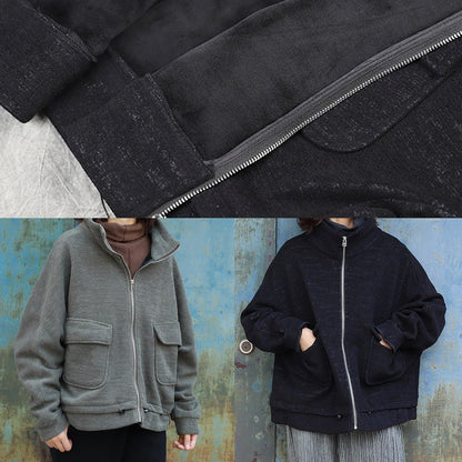Classy Black Fine Maxi Coat Pattern Zippered High Neck Coat