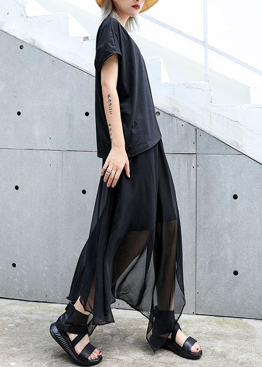 Classy Black Cotton Clothes Asymmetric Short Sleeve Tunic Summer Blouses
