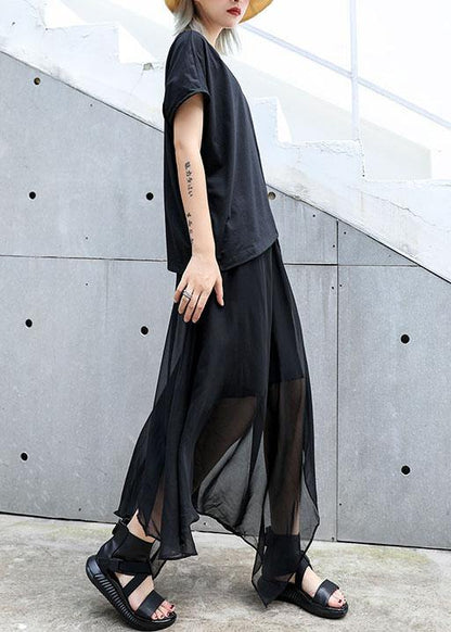 Classy Black Cotton Clothes Asymmetric Short Sleeve Tunic Summer Blouses