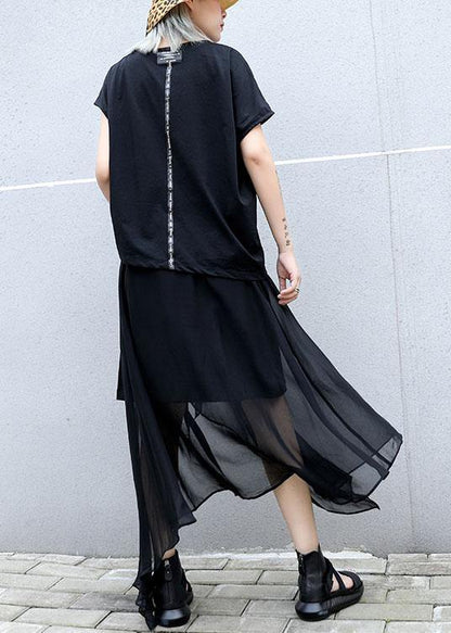 Classy Black Cotton Clothes Asymmetric Short Sleeve Tunic Summer Blouses