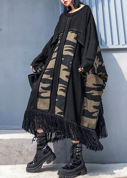 Classy Black Cotton Dress Patchwork Tassel Dress