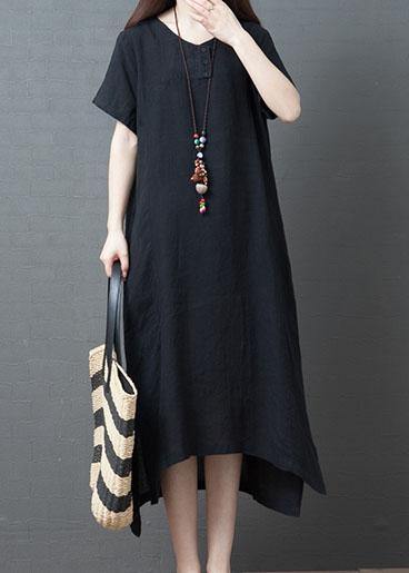 Classy Black Cotton Quilting Dresses O Neck Side Open Summer Dress
