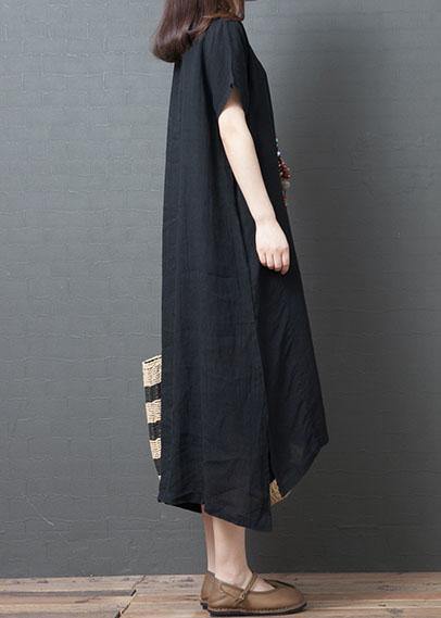 Classy Black Cotton Quilting Dresses O Neck Side Open Summer Dress