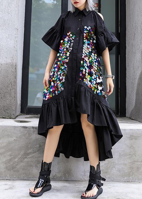 Classy Black Cotton Tunic Top Lapel Patchwork Kaftan Summer Dresses