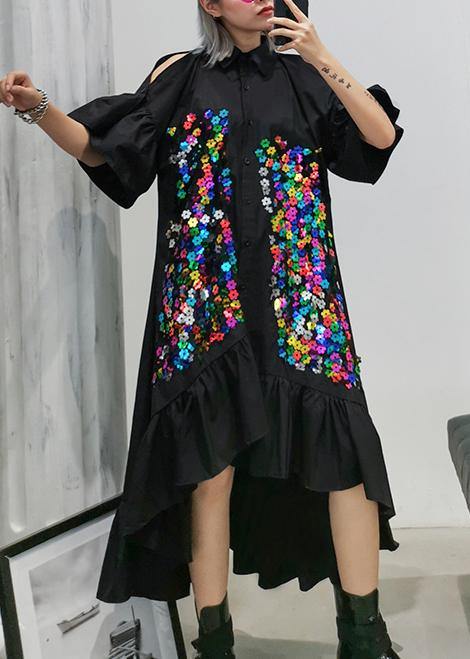 Classy Black Cotton Tunic Top Lapel Patchwork Kaftan Summer Dresses