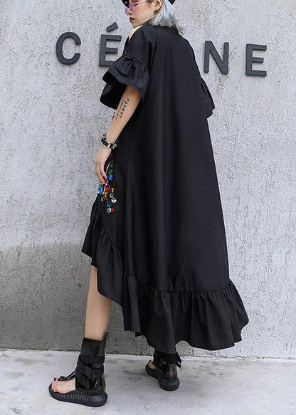 Classy Black Cotton Tunic Top Lapel Patchwork Kaftan Summer Dresses