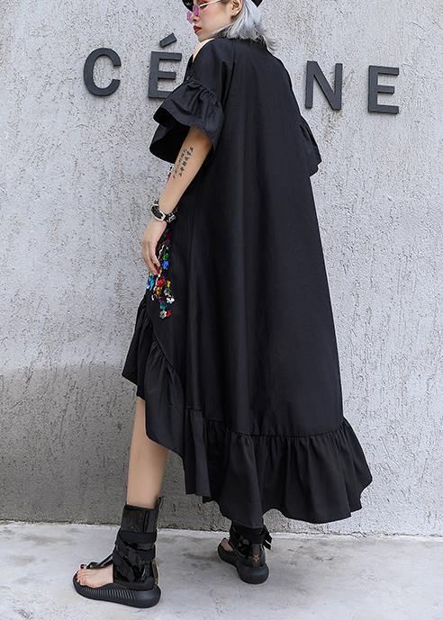 Classy Black Cotton Tunic Top Lapel Patchwork Kaftan Summer Dresses