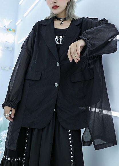 Classy Black Cotton Tunic Top Tulle Patchwork Daily Fall Blouse