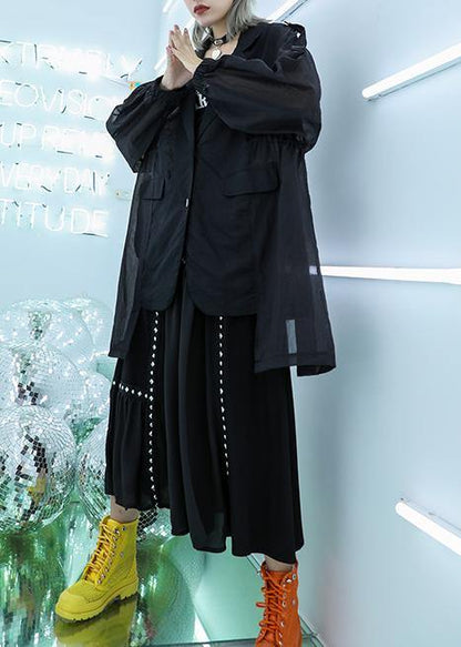 Classy Black Cotton Tunic Top Tulle Patchwork Daily Fall Blouse