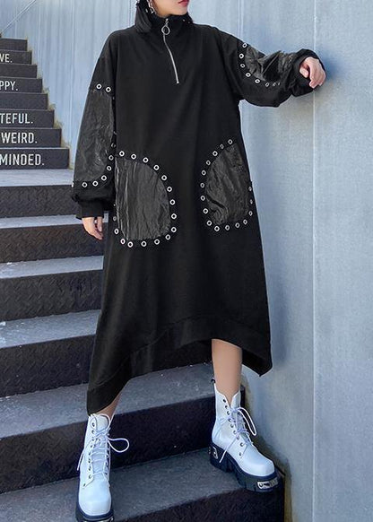 Classy Black Dresses Stand Collar Patchwork Traveling Fall Dress