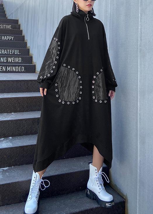 Classy Black Dresses Stand Collar Patchwork Traveling Fall Dress