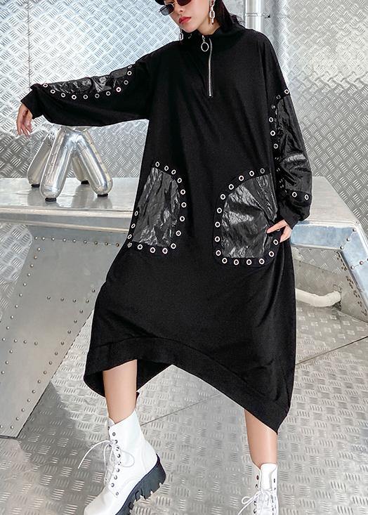 Classy Black Dresses Stand Collar Patchwork Traveling Fall Dress