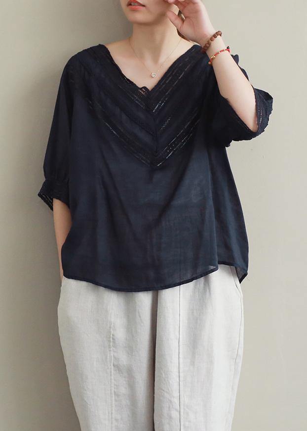 Classy Black Hollow Out Linen Clothes V Neck Half Sleeve Midi Blouses