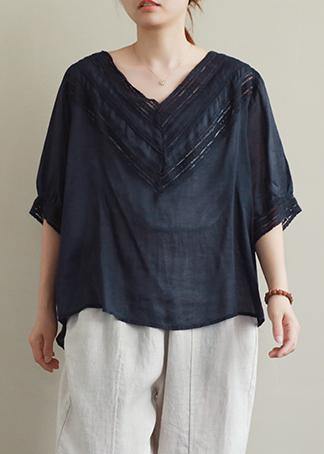 Classy Black Hollow Out Linen Clothes V Neck Half Sleeve Midi Blouses