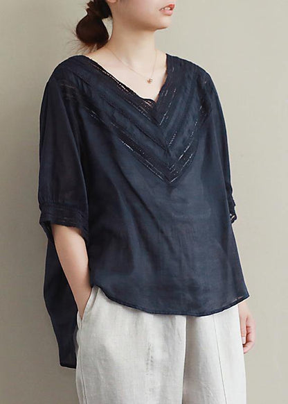 Classy Black Hollow Out Linen Clothes V Neck Half Sleeve Midi Blouses