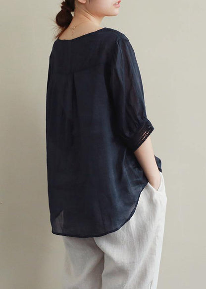 Classy Black Hollow Out Linen Clothes V Neck Half Sleeve Midi Blouses